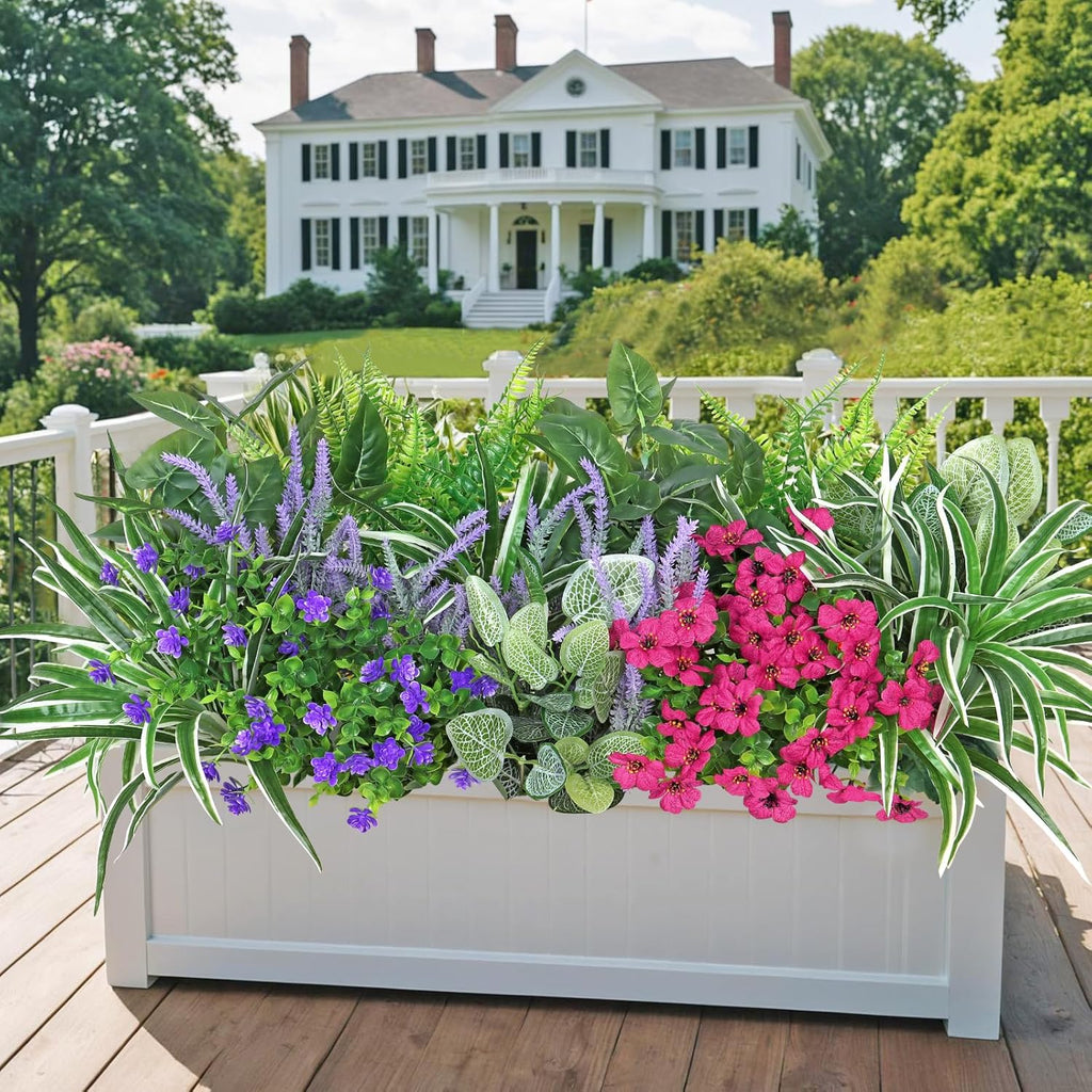 DEMIUKO 20 Bundles Artificial Plants Outdoor Fake Flowers UV Resistant Faux Greenery Stems Fake Ferns Shrubs Plastic Plants for Garden Patio Porch Yard Window Box Home Decor (Lavender Flower, 20PCS)
