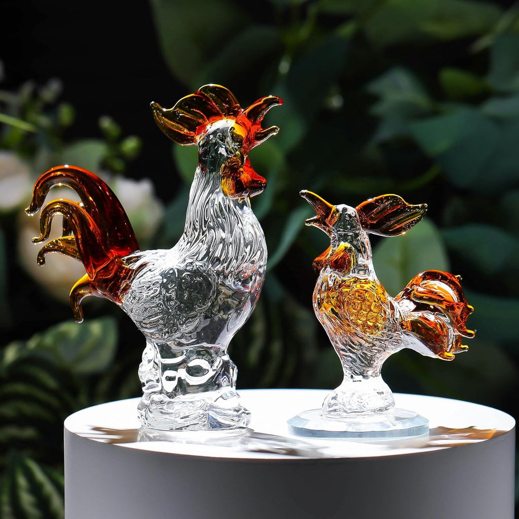 Movdyka 2pc Brown Crystal Chicken Rooster Figurine Table Art Sculpture Decor Hand Blown Glass Farm Animal Table Ornament Decoration Statue Rooster Gifts for Women
