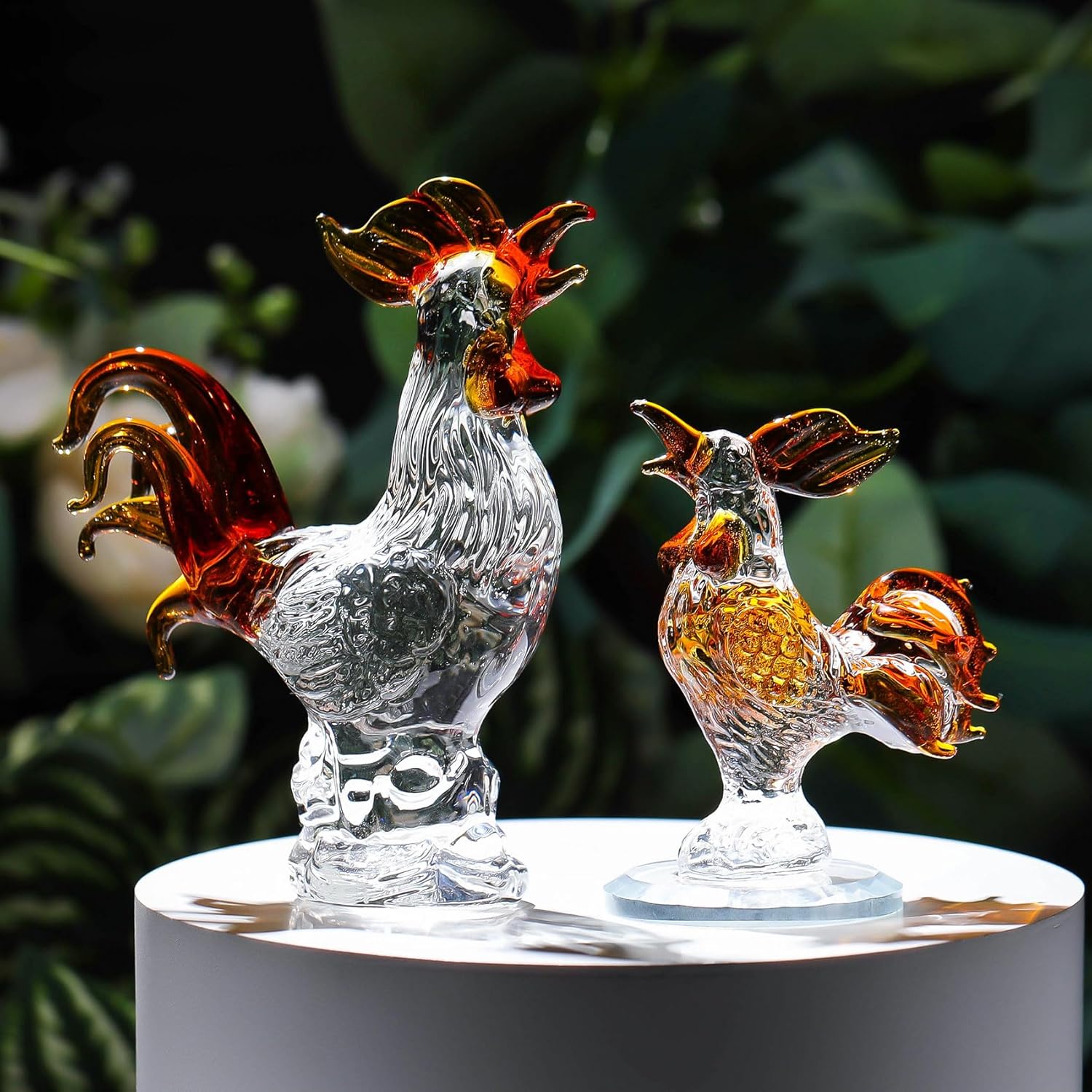 Movdyka 2pc Brown Crystal Chicken Rooster Figurine Table Art Sculpture Decor Hand Blown Glass Farm Animal Table Ornament Decoration Statue Rooster Gifts for Women