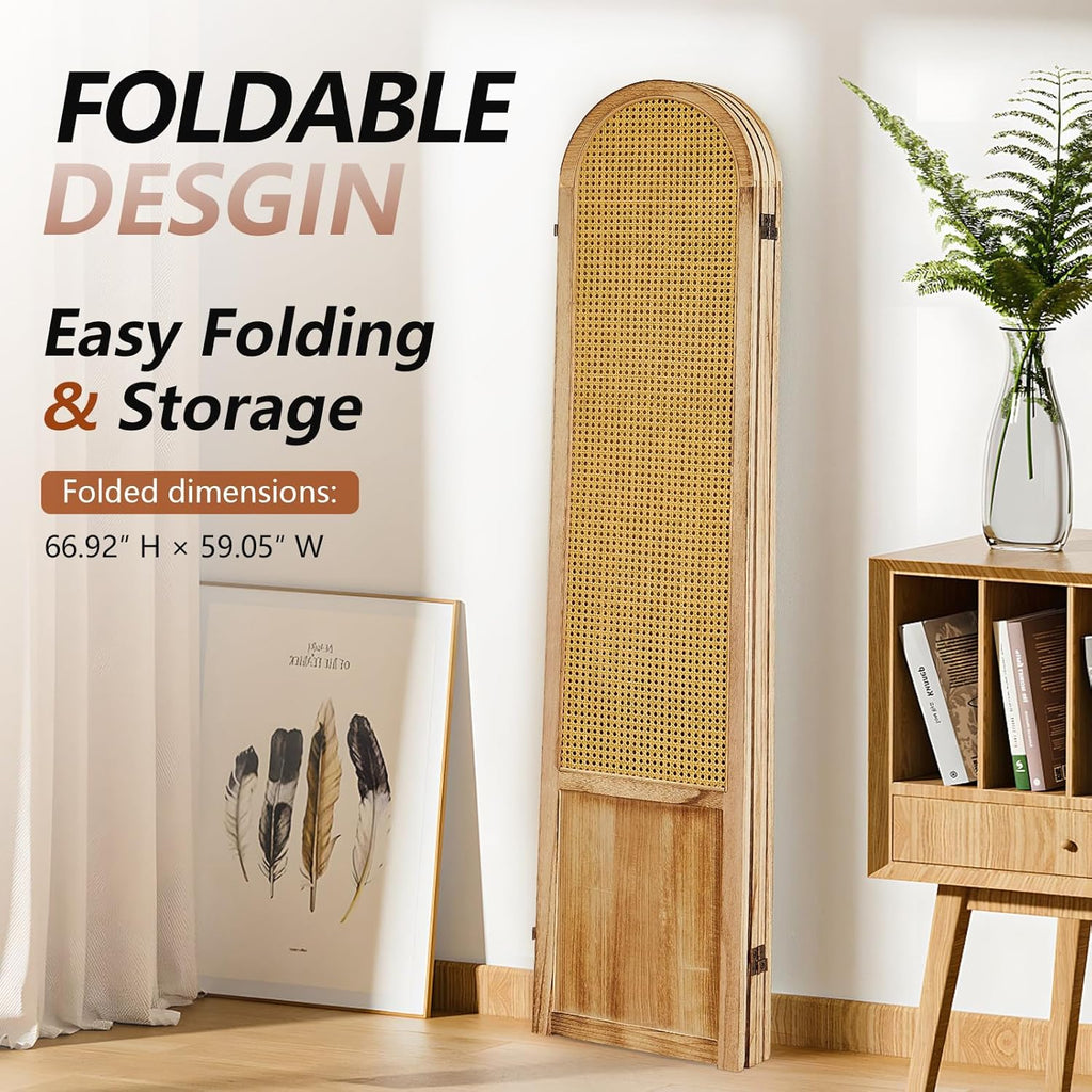 4 Panel Room Divider and Folding Privacy Screen, 5.6 Ft Foldable Double Hinged Rattan Partition, Hand-Woven Rattan Room Divider Portable Wood Freestanding Wall Divider for Room Separation - Natural