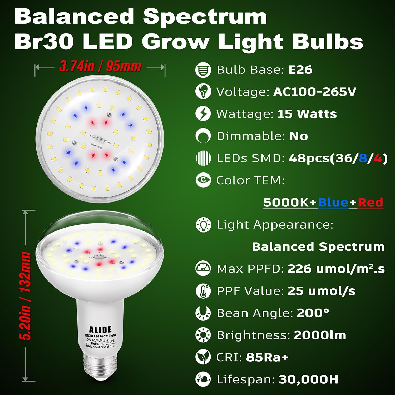 Full Spectrum BR30 Led Plant Grow Light Bulbs 15W 2000lm,E26 BR30 Floodlight Sun Plant Growing Lamp,200 Watt Equivalent,Balanced Spectrum 5000K Red Blue for Seeds Greens,Indore Garden, Hydroponic,2pcs