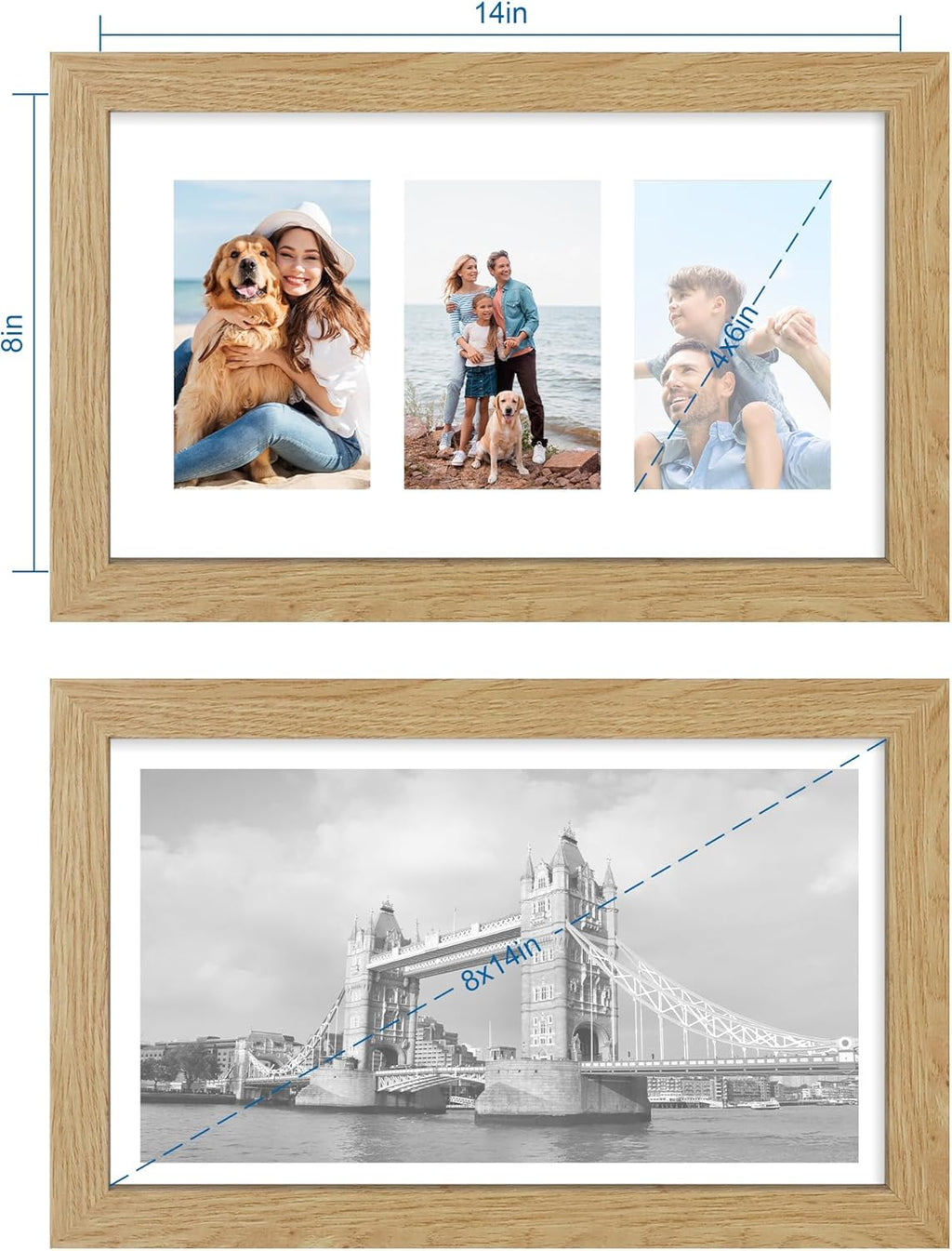 8x14 Picture Frame Set of 2, Natural Oak Wood Frame with Glass Collage Frame, Display Pictures 3-4x6 With Mat or 8 x 14 Without Mat - Horizontal or Vertical Wall Mounting