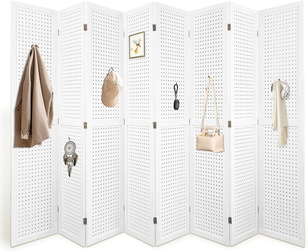 8 Panel Room Dividers 5.6FT Wall Divider with Freestanding Peg Board Display Wooden Folding Privacy Screen Foldable Partition Wall for Studio Apartment, Living Room, White