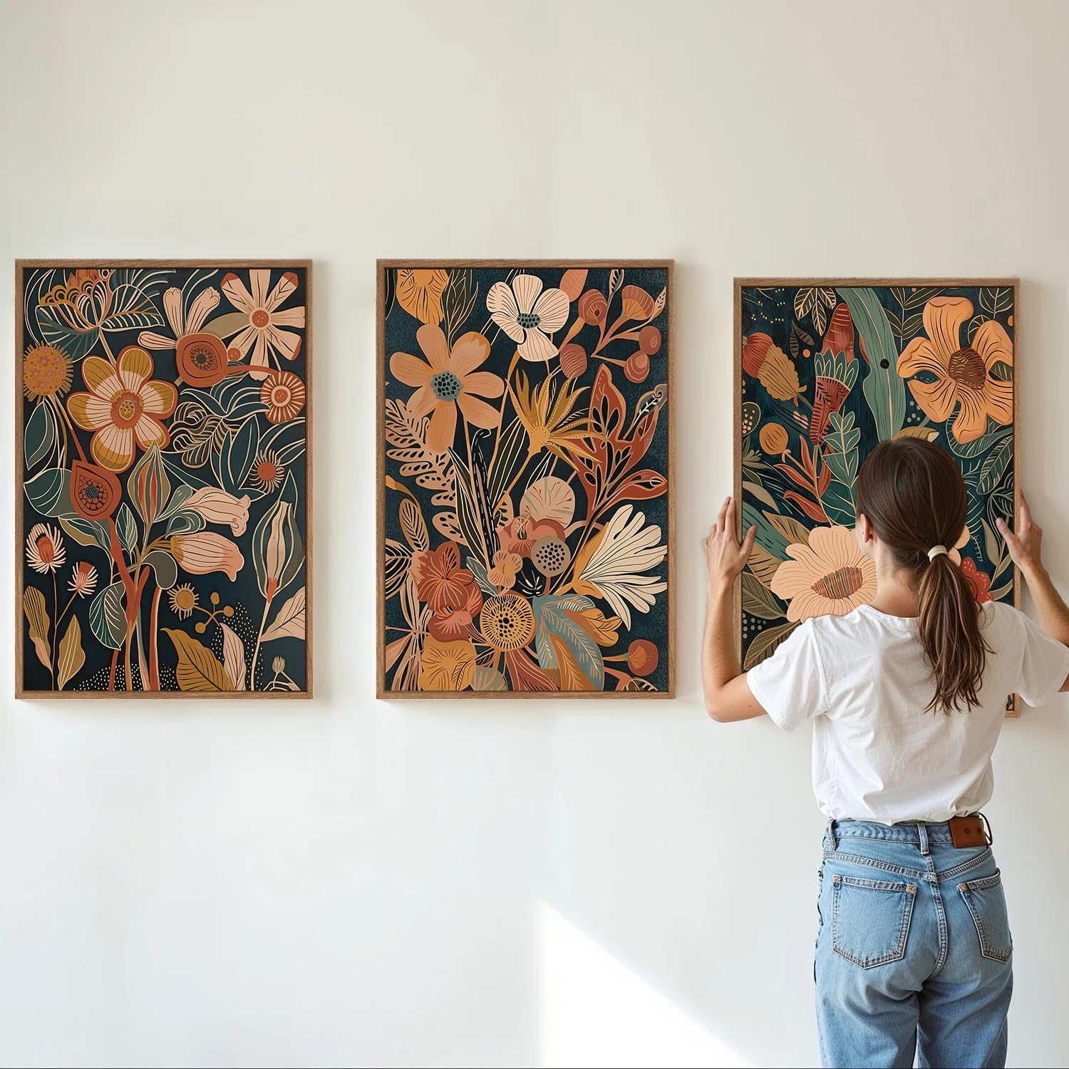 Tinonedraw Burnt Orange Floral Framed Canvas Wall Art Set of 3, Boho Chic Flower Artwork, Mid Century Modern Wall Decor, Colorful Neutral Botanical Art Prints for Bedroom Living Room Office 24"x36"