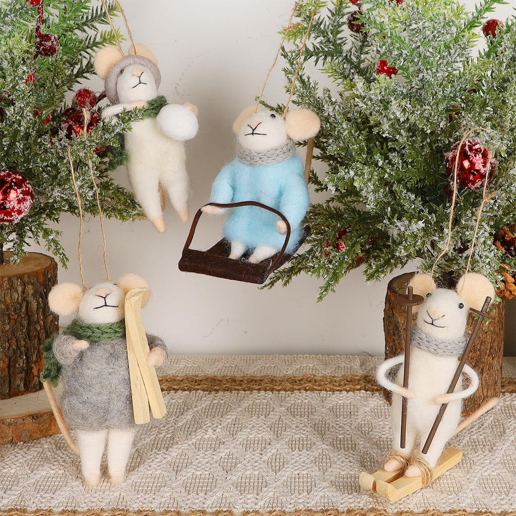 Juegoal Felt Skiing Mice Ornaments Set of 4, Winter Xmas Wool White Mouse Hanging Decor, Felt Animal Crafts Woodland Cute Christmas Tree Wreath Decor for Home Party Supplies