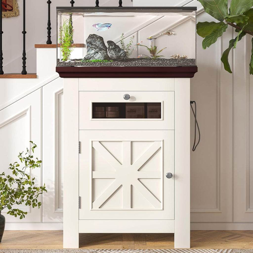 10-15 Gallon Aquarium Stand With Power Outlets, Farmhouse Fish Tank Stand, Reptile and Terrarium Stand with Drawer and Cabinet Storage, Sturdy Heavy Duty 20.4" 12",White