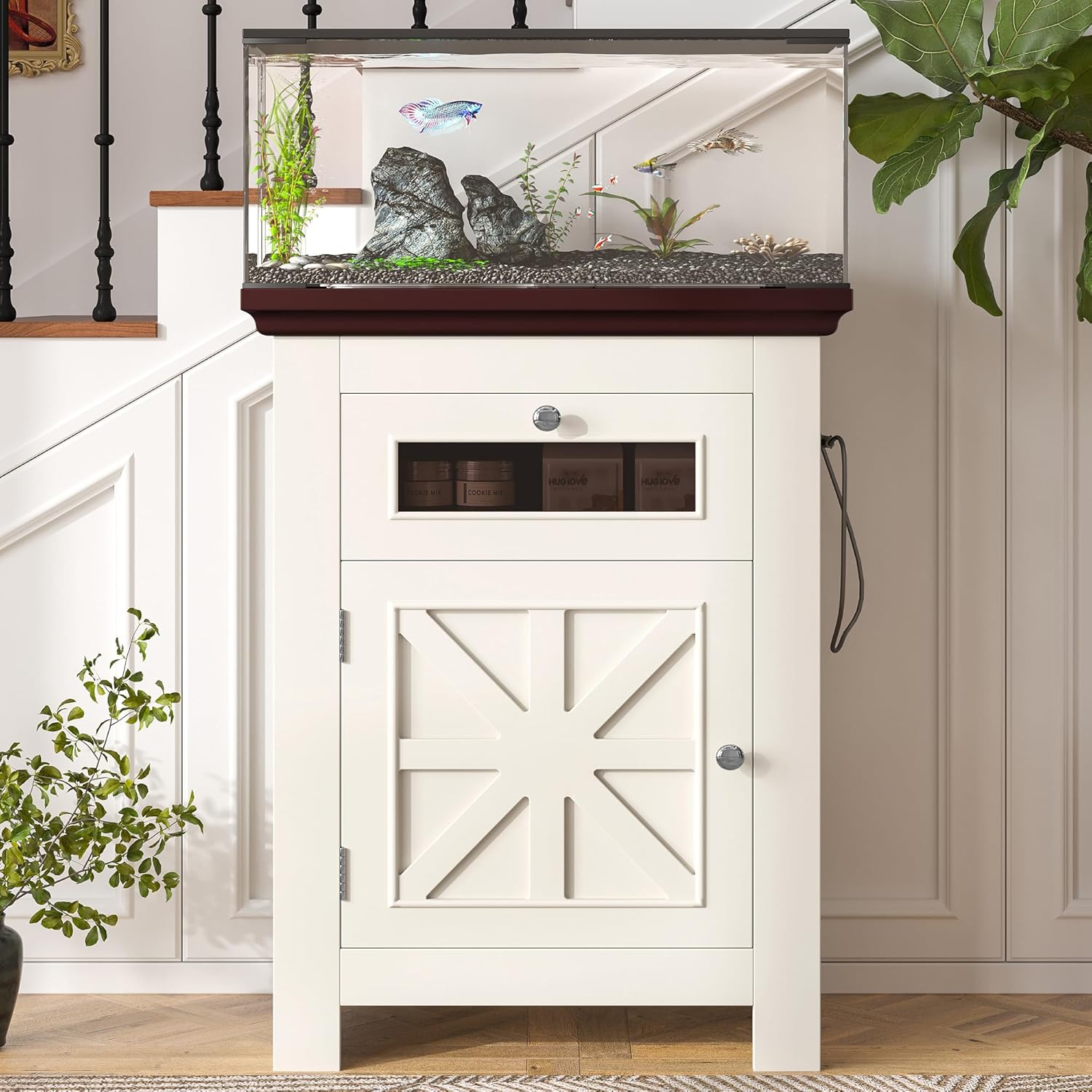 10-15 Gallon Aquarium Stand With Power Outlets, Farmhouse Fish Tank Stand, Reptile and Terrarium Stand with Drawer and Cabinet Storage, Sturdy Heavy Duty 20.4" 12",White