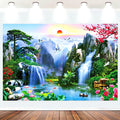 Fabric 10x6ft Zen Garden Backdrop Mountain Waterfalls Sunrise Scenery Photography Background Pine Pavilion Bridge Lotus Crane Spring Flowers Asian Landscape Wallpaper Decoration Photo Props