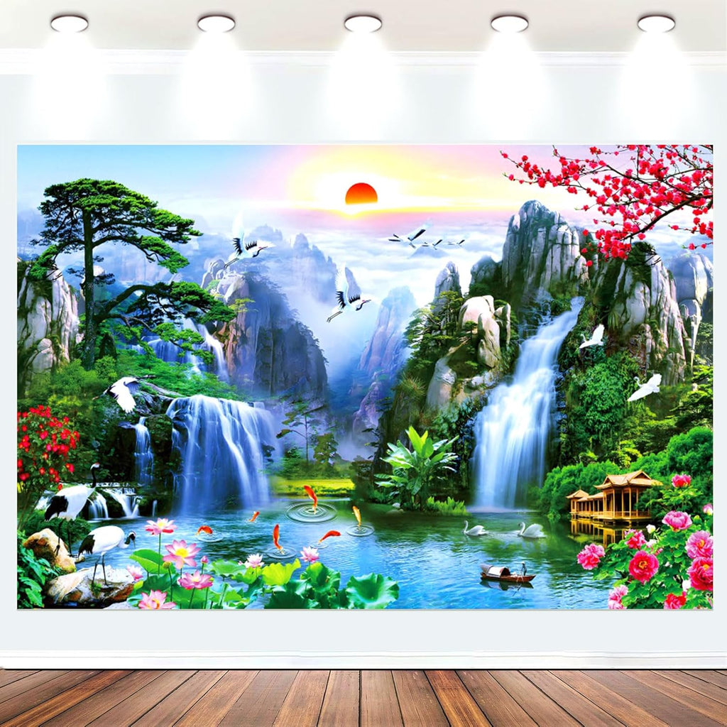 Fabric 12x8ft Zen Garden Backdrop Mountain Waterfalls Sunrise Scenery Photography Background Pine Pavilion Bridge Lotus Crane Spring Flowers Asian Landscape Wallpaper Decoration Photo Props
