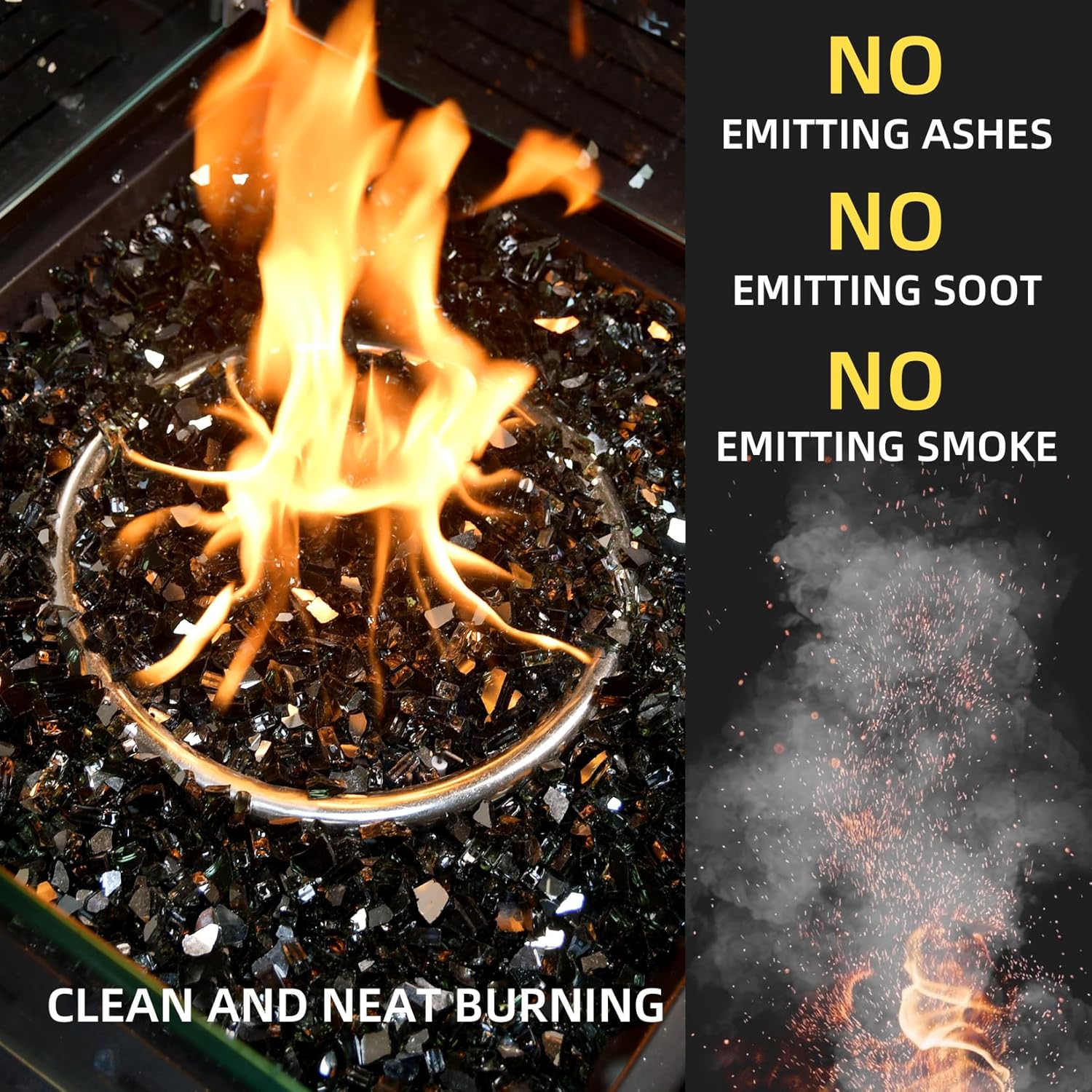 GasSaf 1/4 Inch Fire Glass Reflective Tempered Fireglass Cut Crushed FireGlass for Fire Pit, Fireplace, Replaces Existing Gas Logs & Lava Rocks (10 Pound)(Black Reflective)