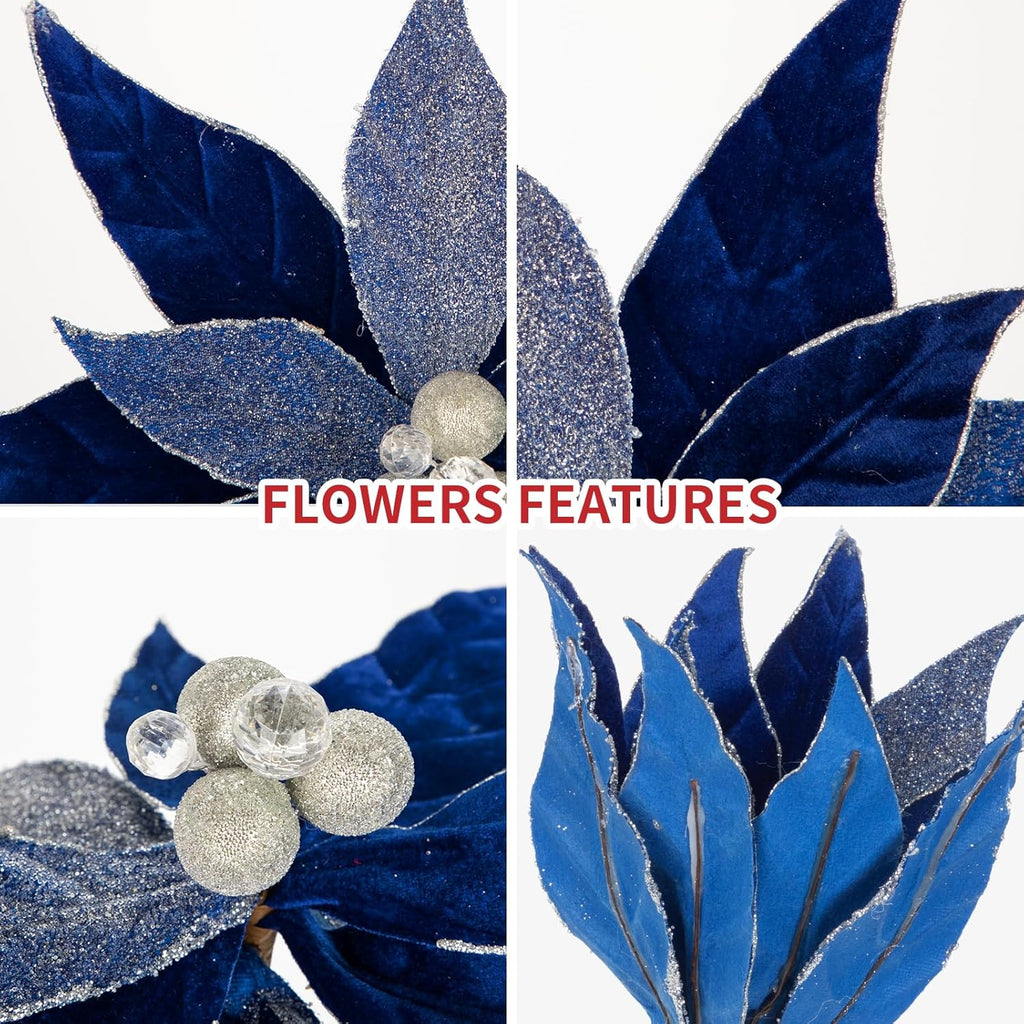 Hollyone 3PCS Poinsettia Christmas Flowers Artificial 11" Large Velvet Blue Glitter Poinsettia Flowers Christmas Tree Ornaments Floral Picks for Tree Wreath Garland Vase Table Centerpiece Home Decor