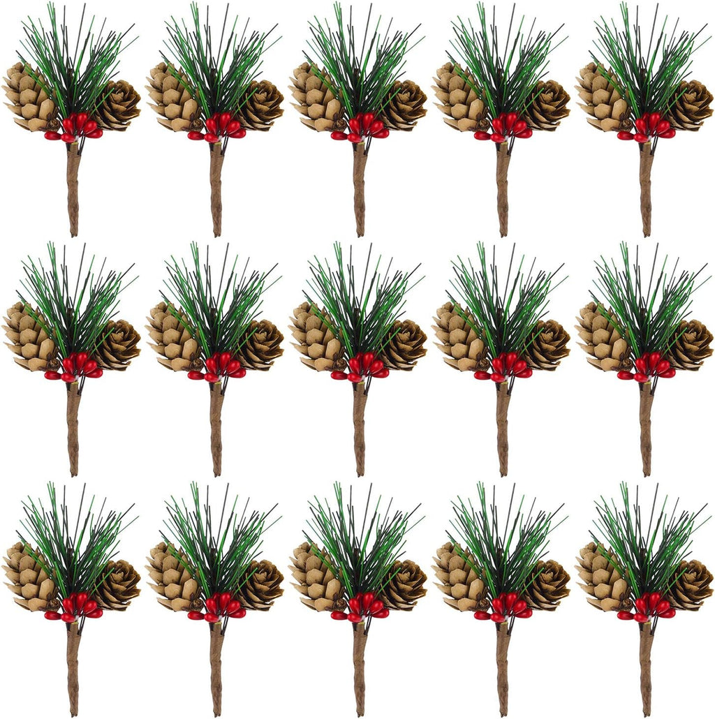CHRORINE 15 Pcs Artificial Pine Cone Picks and Red Berry Mini Artificial Pine Tree for Christmas Party Flower Wreaths and Holiday Decorations