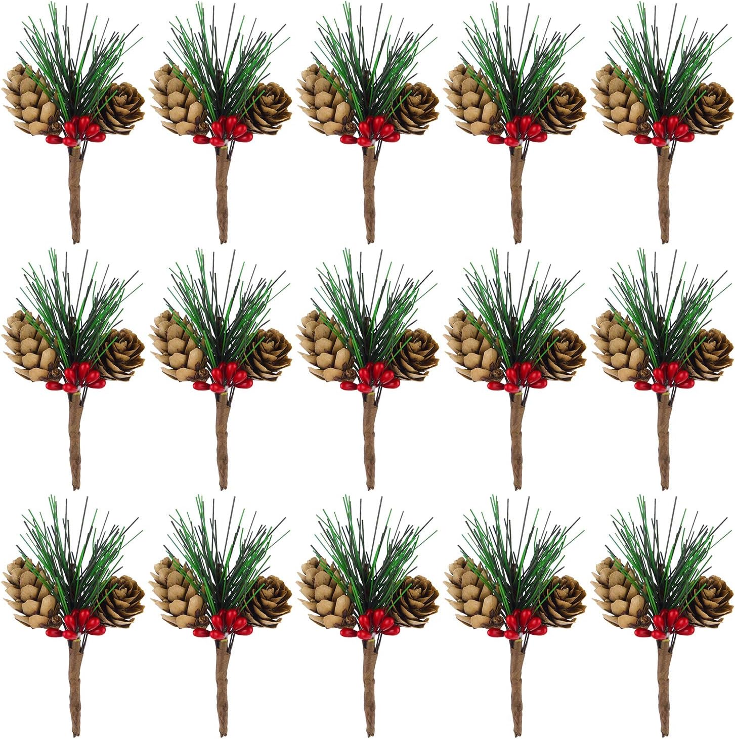 CHRORINE 15 Pcs Artificial Pine Cone Picks and Red Berry Mini Artificial Pine Tree for Christmas Party Flower Wreaths and Holiday Decorations