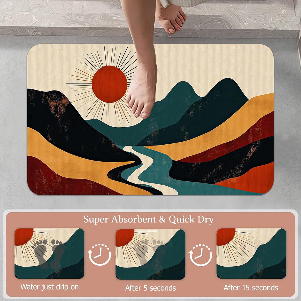 Diatomaceous Earth Bath Mat,Abstract Landscape Bath Rugs,Layered Mountain Non-Slip Thin Absorbent Fast Drying Easy to Clean for Bathroom Laundry Home Kitchen Door Mat 17x29.5Inch