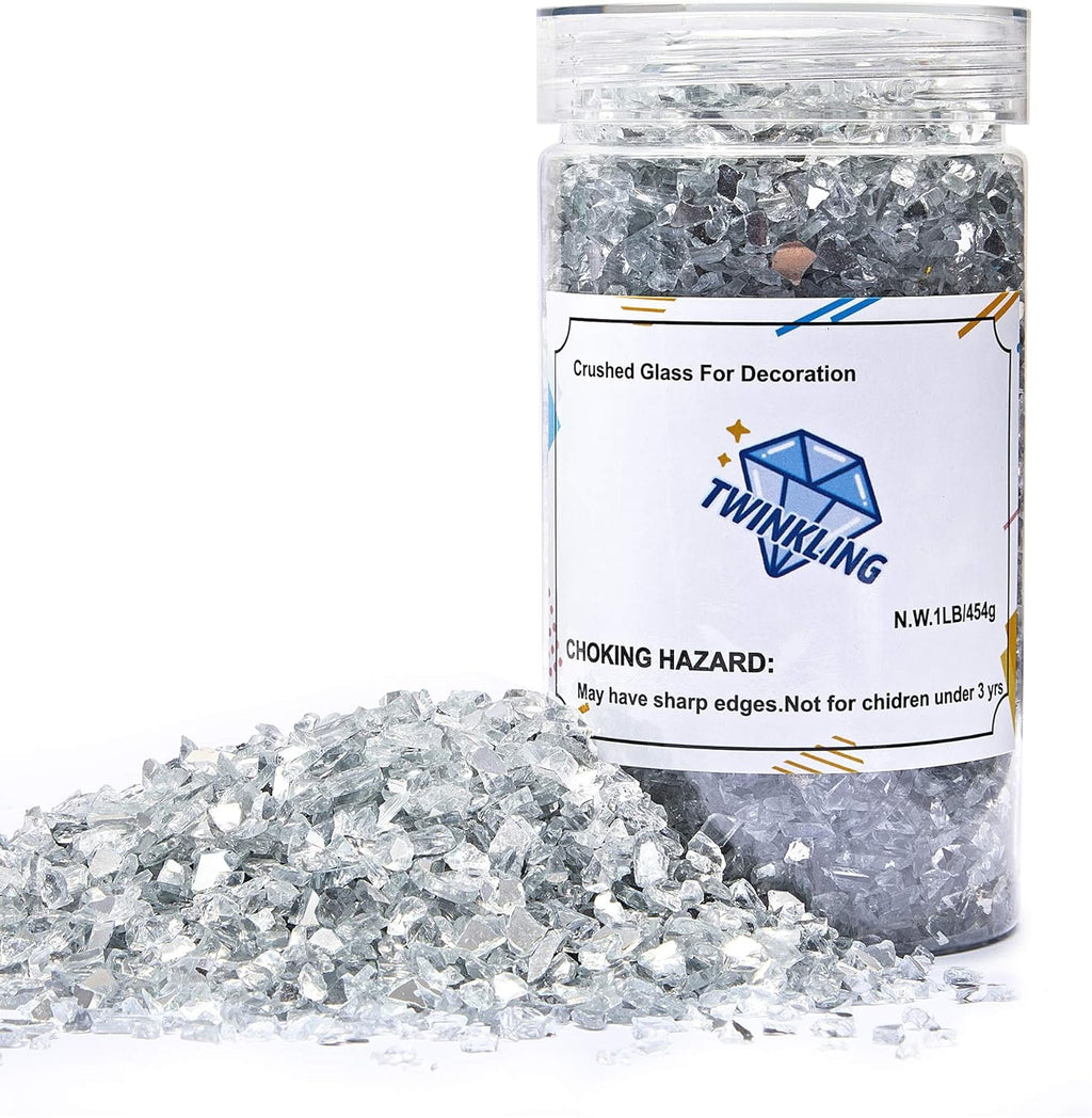 TWINKLING High Luster Fire Glass Gravel Stone Glitter,Broken Glass,Fire Gems Chips,Crushed Glass for Fire Pit Crafts Resin Art Aquarium Garden Decoration,3-6mm,1-Pound Jar (Mirror)