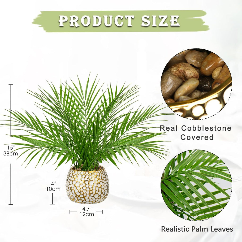 Briful Fake Plants 15'' Faux Palm Plant in Gold-White Pot Realistic Artificial Plants Indoor for Home Farmhouse Centrepieces Wedding Decorations