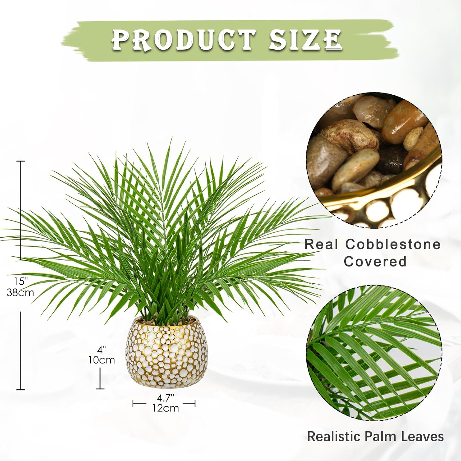 Briful Fake Plants 15'' Faux Palm Plant in Gold-White Pot Realistic Artificial Plants Indoor for Home Farmhouse Centrepieces Wedding Decorations