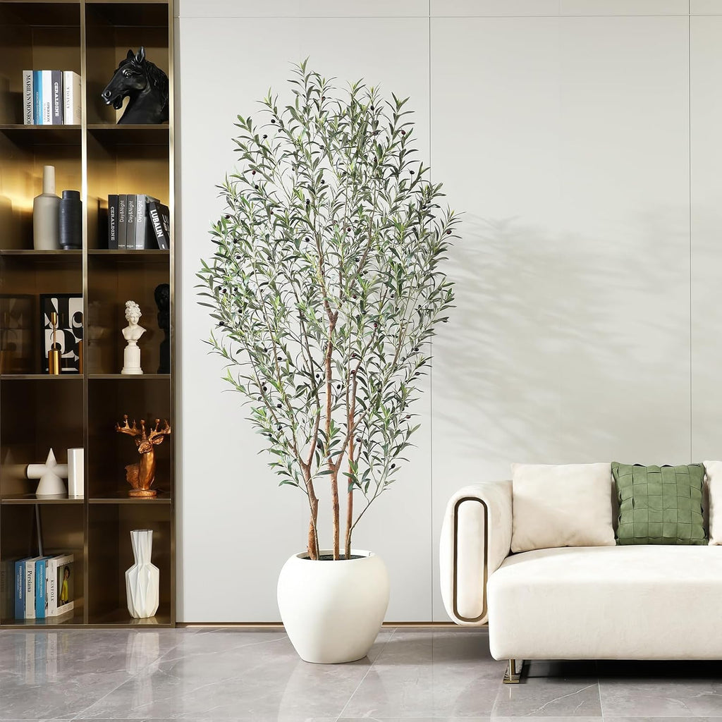Artificial Olive Tree, 8FT Tall, Faux Olive Trees with Natural Wood Trunk & Lifelike Fruits, Indoor, White Tall Planter, Home Balcony Office Living Room Decor