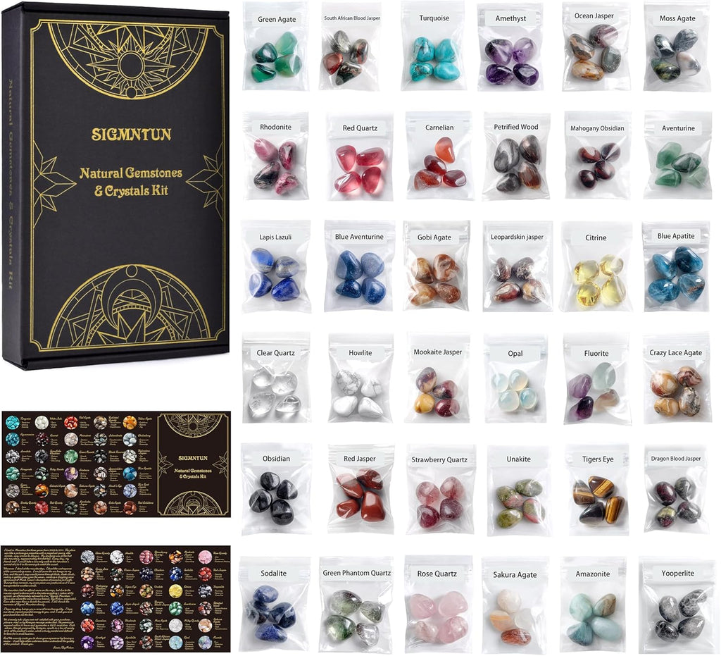 Polished Healing Crystal Stones Set – 36 Different Natural Gemstone Types, 2.5 lbs of 0.6" Tumbled Decorative Rocks Collection for Chakra, Meditation, Reiki, Energy Work, Crafts, Gifts