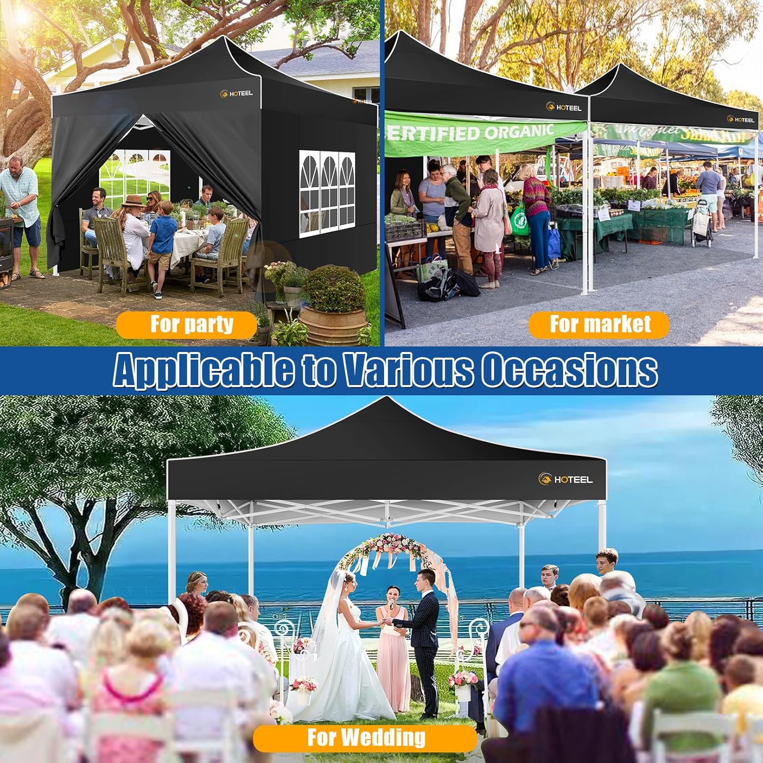 HOTEEL 10x10 Pop up Canopy Tent for Parties, Heavy Duty Easy Setup Tent with 4 Sidewalls, Outdoor Commercial Instant Gazebo for Wedding Event, with Portable Bag & Sand Bags, Black(Hexagonal Frame)