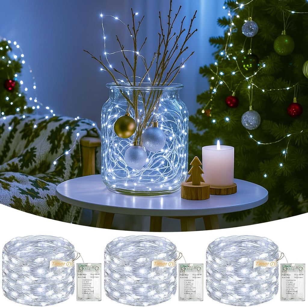 3 Pack 16FT 50 LED Fairy Lights Battery Operated with Timer, 8 Modes USB Mini Twinkle Light, Small String Lights for Christmas Tree Wreath Vase Bedroom DIY Party Decorations-Cold White