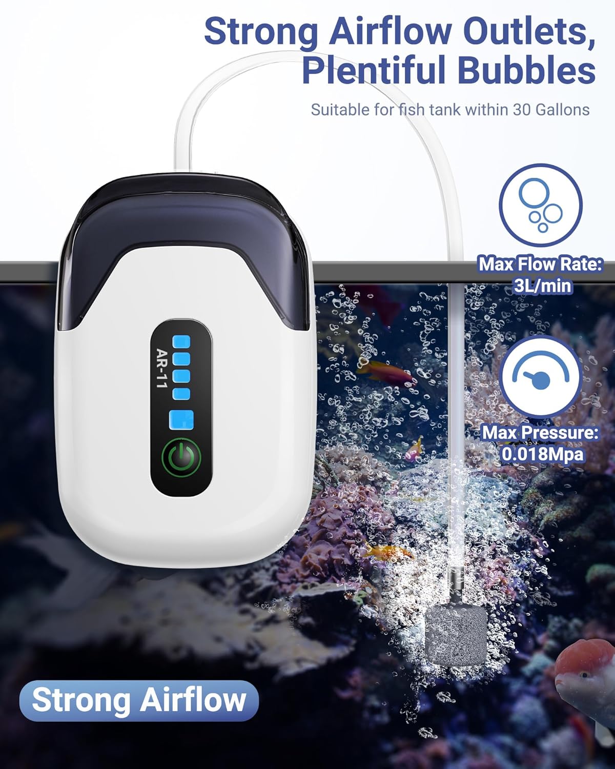 Aquarium Air Pump, Rechargeable Portable Oxygen Pump with Single/Dual Outlets, Quiet Aerator for Fish Tank up to 30/70 Gallon, Outdoor Fishing, Fish Transport and Power Cut.