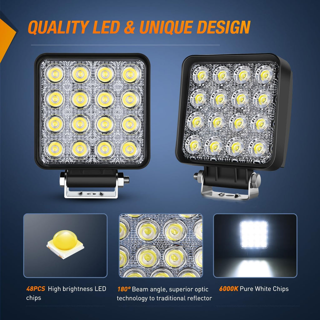 Nilight 4 Inch Square LED Tractor Light Pods 2PCS 48W Flood Work Lamps for Truck Off-Road Vehicles ATV UTV Boat