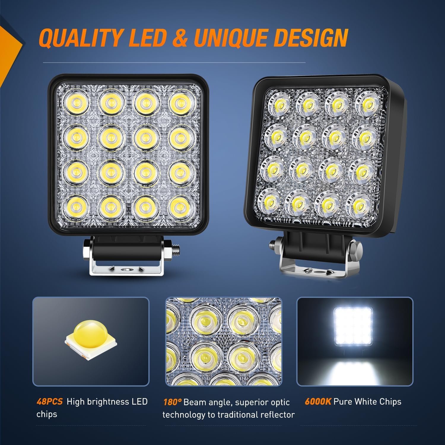 Nilight 4 Inch Square LED Tractor Light Pods 2PCS 48W Flood Work Lamps for Truck Off-Road Vehicles ATV UTV Boat