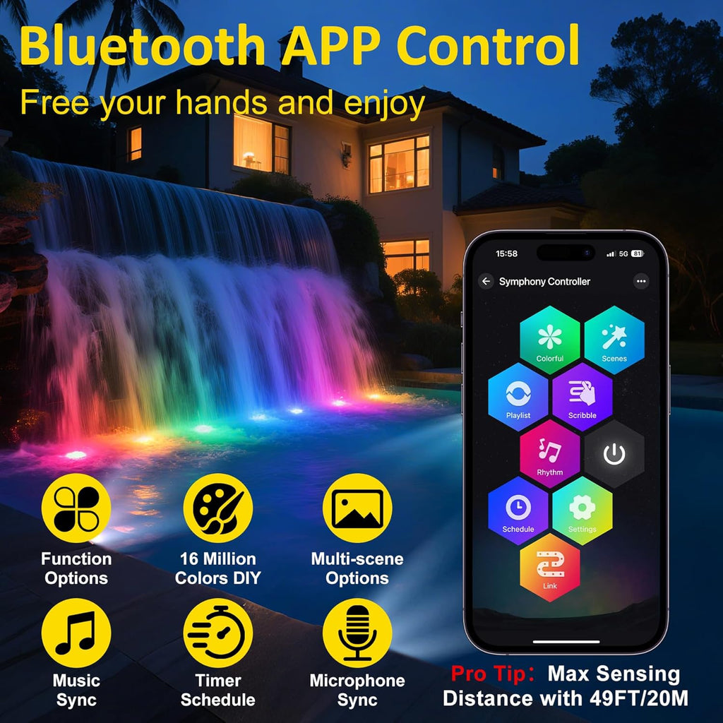 T-SUN Submersible RGB LED Pond Lights – IP68 Waterproof Fountain Lights with Bluetooth App & Remote, 16 Million Colors Underwater Lighting for Koi Ponds/Garden Water Features Aquarium (10-Pack)