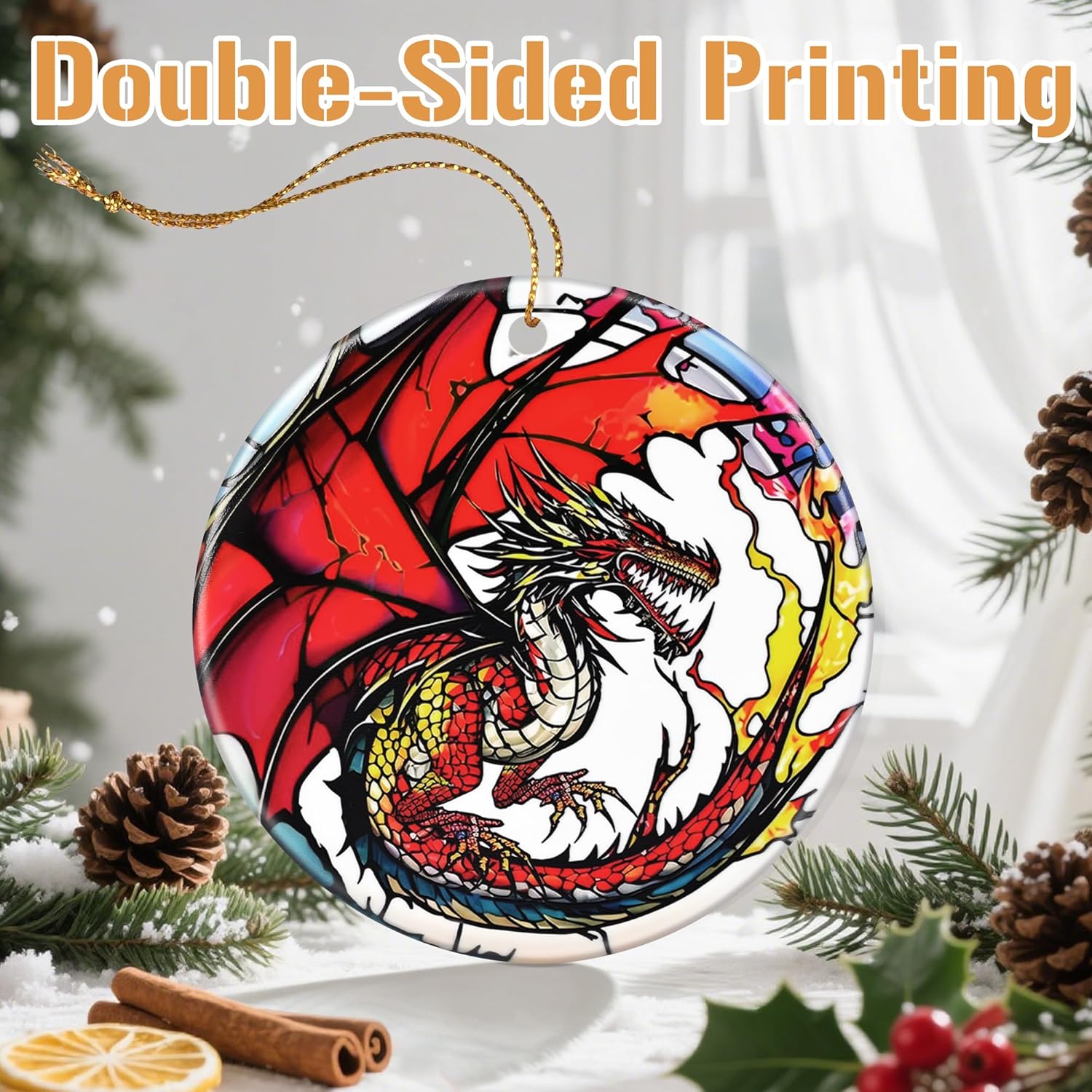 Ceramic-Style Christmas Tree Decorations, Christmas Ornaments, Double-Sided Printed Ornament Keepsakes, Holiday Decor. Xmas Gifts, Gifts for Dragon Lovers - Dragon-Themed