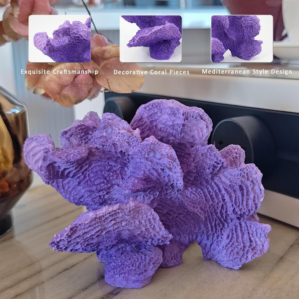 Artificial Sea Coral Statue, Coral Sculpture Resin Nautical Decor, Coastal Decorations for Home, Beach Themed Party Wedding Room Kitchen Table Shelf (Gradient Purple)