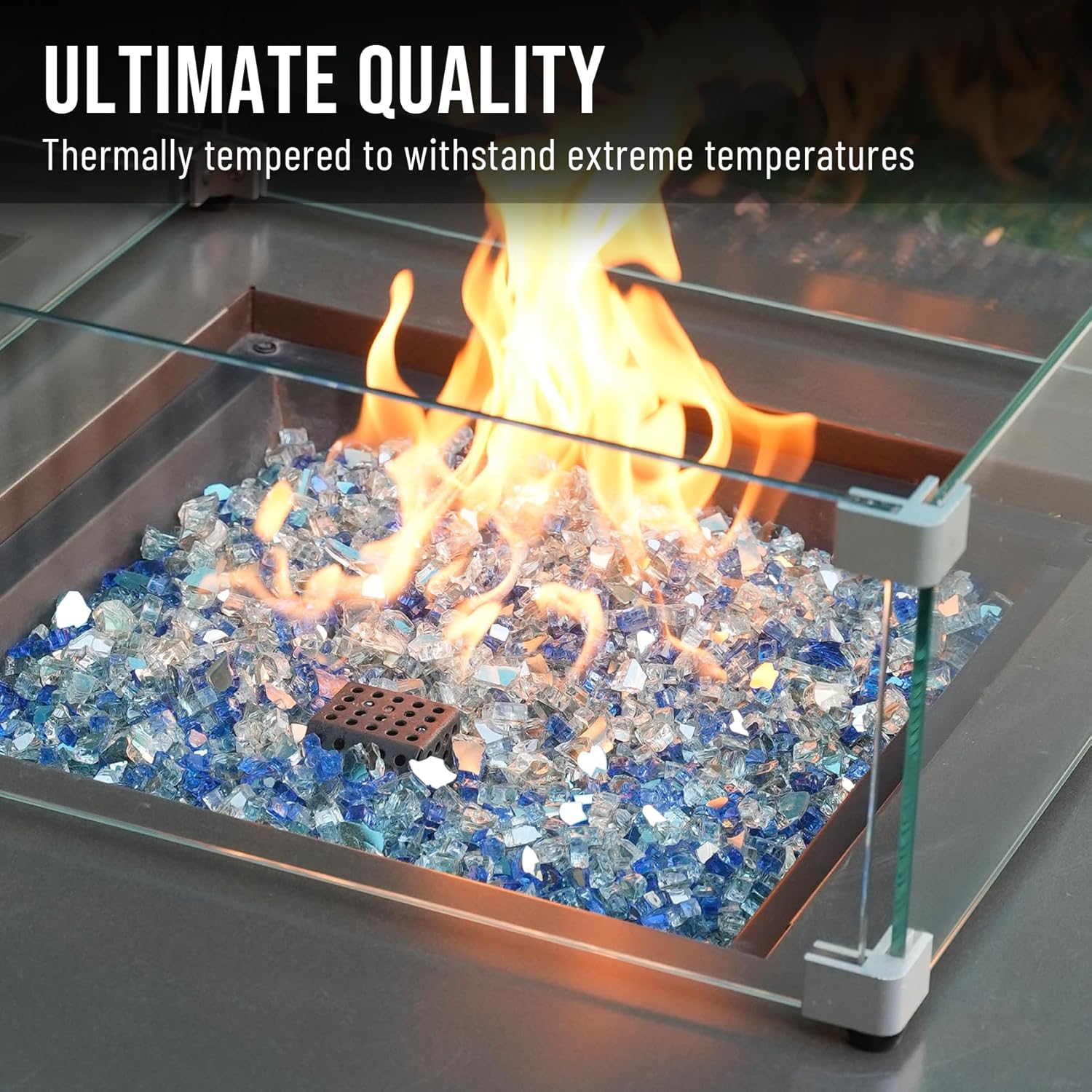 Skyflame 10-Pound Blended Fire Glass for Fire Pit Fireplace Landscaping, 1/4 Inch Aqua Blue, Platinum, Cobalt Blue, Reflective