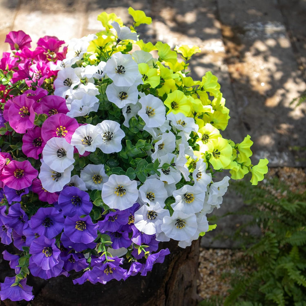 Artificial Flowers for Outdoors,UV Resistant Artificial Outdoor Flowers,Not-Fading Faux Flowers for Outdoor Planters Front Door Porch Yard Patio Garden Home Decor,12 Bundles Mix 4 Colors