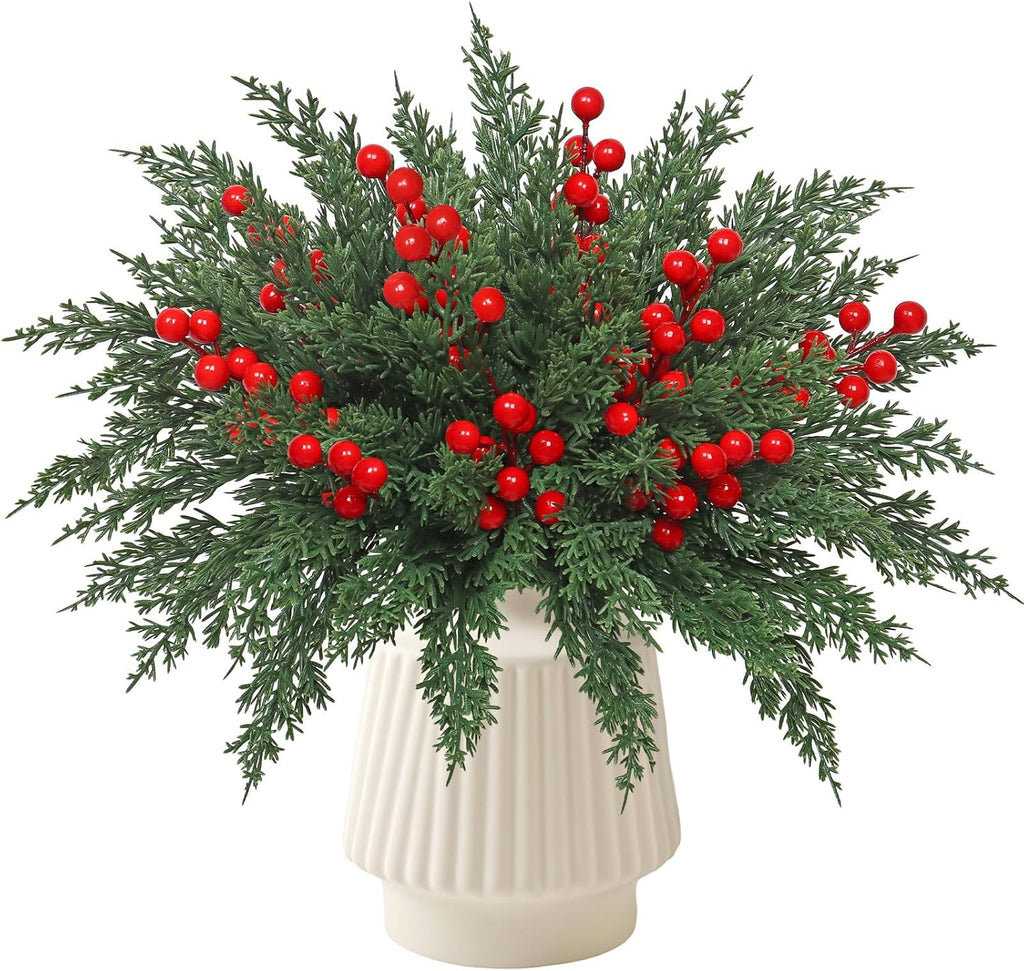 Weldomcor Christmas Artificial Pine Branches 60 Pcs Faux Norfolk Pine Stems with Red Berries, Xmas Fake Greenery Cedar Stems Plants Evergreen Picks DIY Christmas Decorations Holiday Home Table Decor