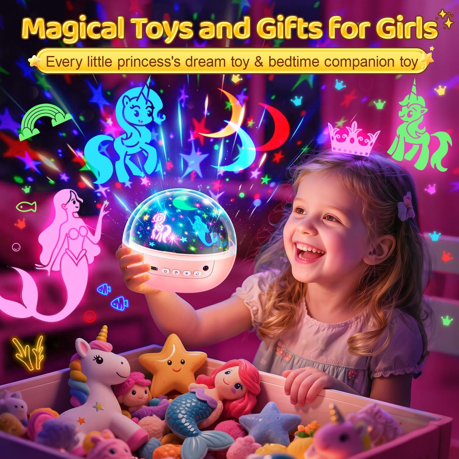 Girl Toys Age 1-10 Years Old, 【3 Film & 93 Colors】Princess Toys Mermaid Toys Unicorn Toys for Girls Age 4-6 Night Light for Kids Projector, Remote Control Little Girls Toys, Girl Gifts Toys for 3-8