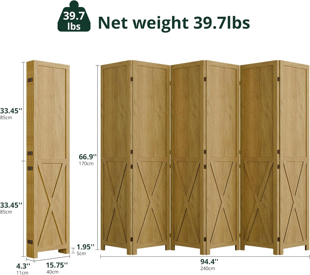 Cozy Castle Wood Room Divider, 6 Panels Folding Privacy Screen, 66.9'' Wall Divider, Barnwood Room Separator, Freestanding Partition, Temporary Wall for for Home Office Restaurant Decorative, Natural