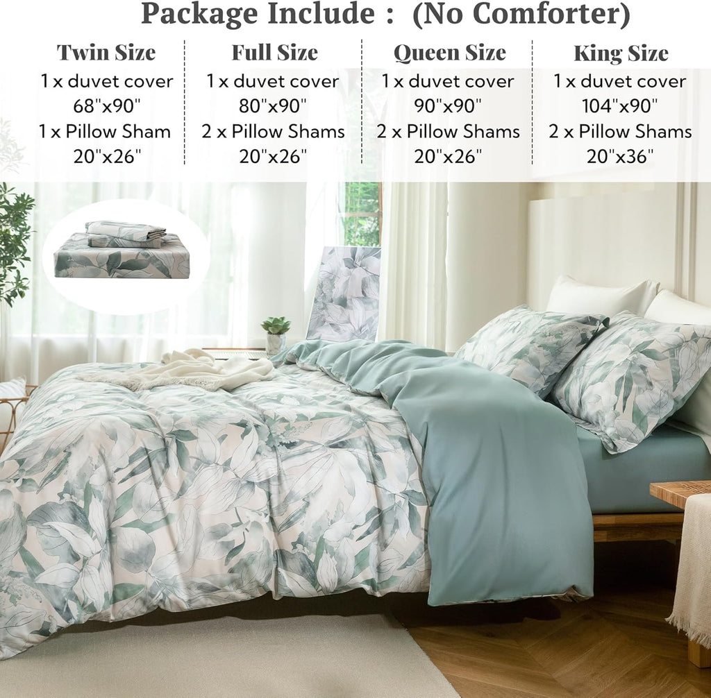 MILDLY Queen Size Duvet Cover Set 100% Long-Staple Cotton Luxury Sage Green Leaves Patten Reversible Comforter Cover Set 3Pcs