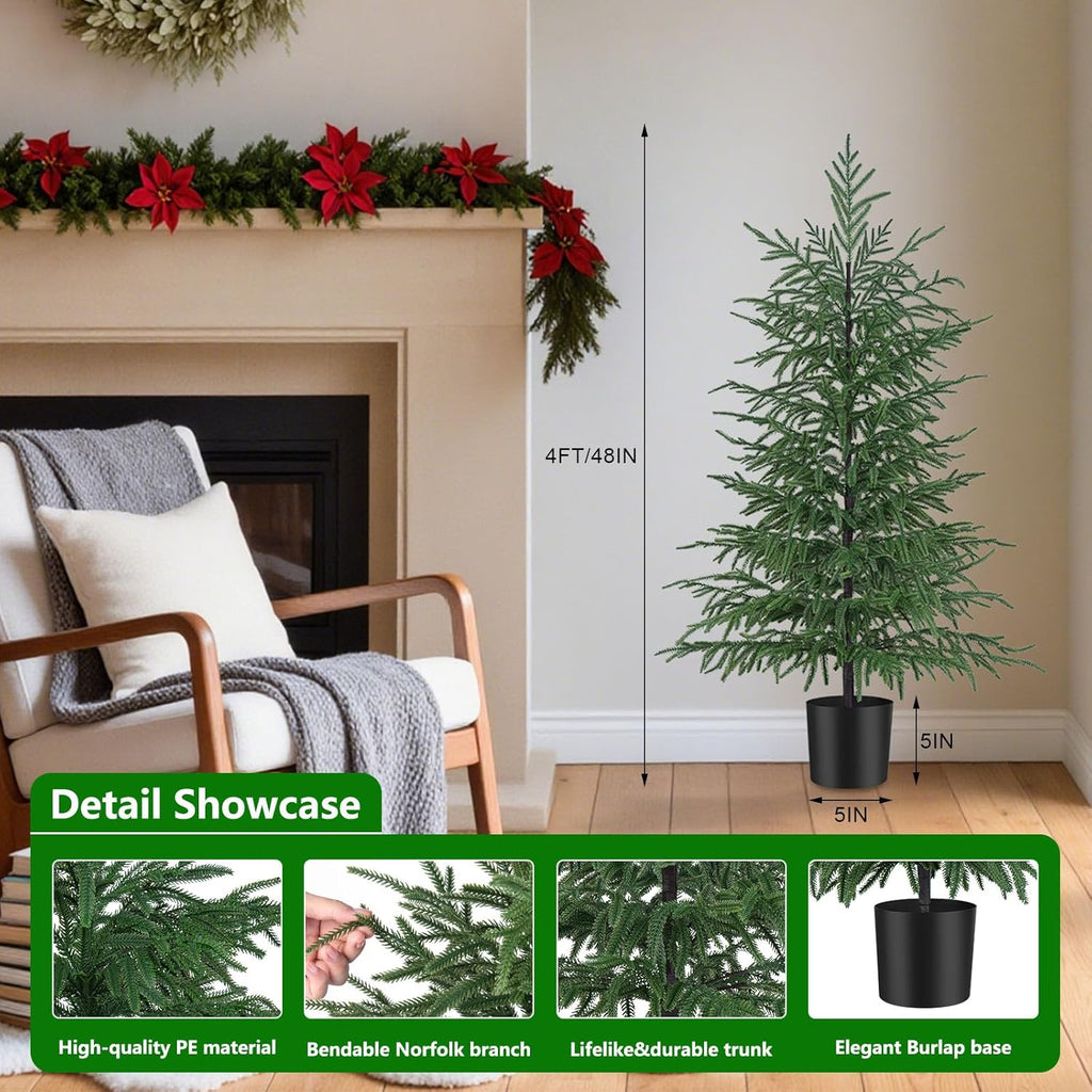2 Pack 4FT Artificial Norfolk Pine Tree, Realistic UV Rated Shrubs Fake Potted Plants Faux Bushes for Christmas Decorations Outdoor Indoor Home Front Porch Decor