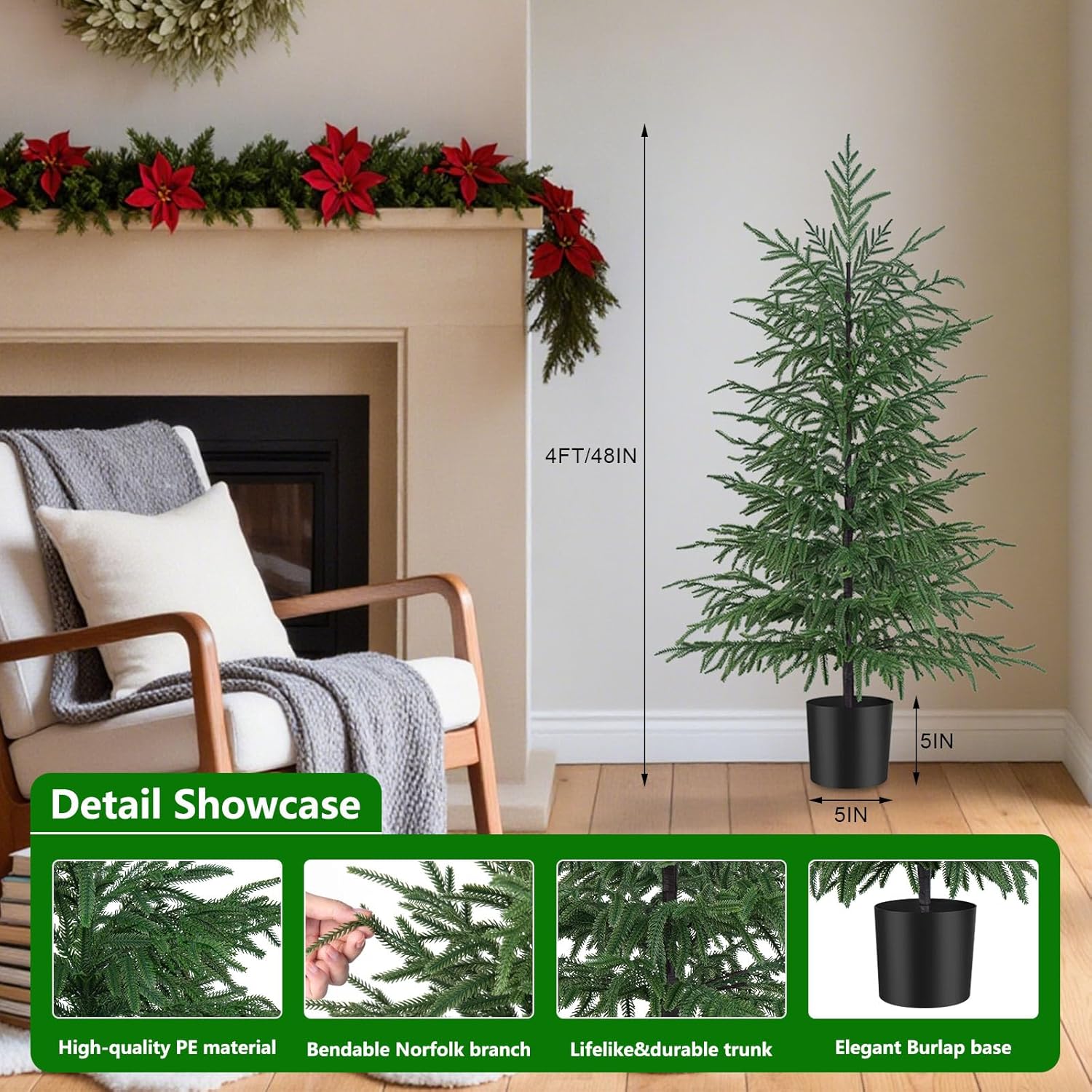 2 Pack 4FT Artificial Norfolk Pine Tree, Realistic UV Rated Shrubs Fake Potted Plants Faux Bushes for Christmas Decorations Outdoor Indoor Home Front Porch Decor