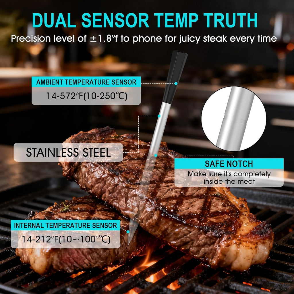 Wireless Meat Thermometer Bluetooth Digital, Smart Meat Thermometer with Booster Base, IP67 Waterproof Probe, ±1.8°F Accuracy, 100m Range, Rechargeable BBQ Cooking Thermometer for Grill, Smoker Black