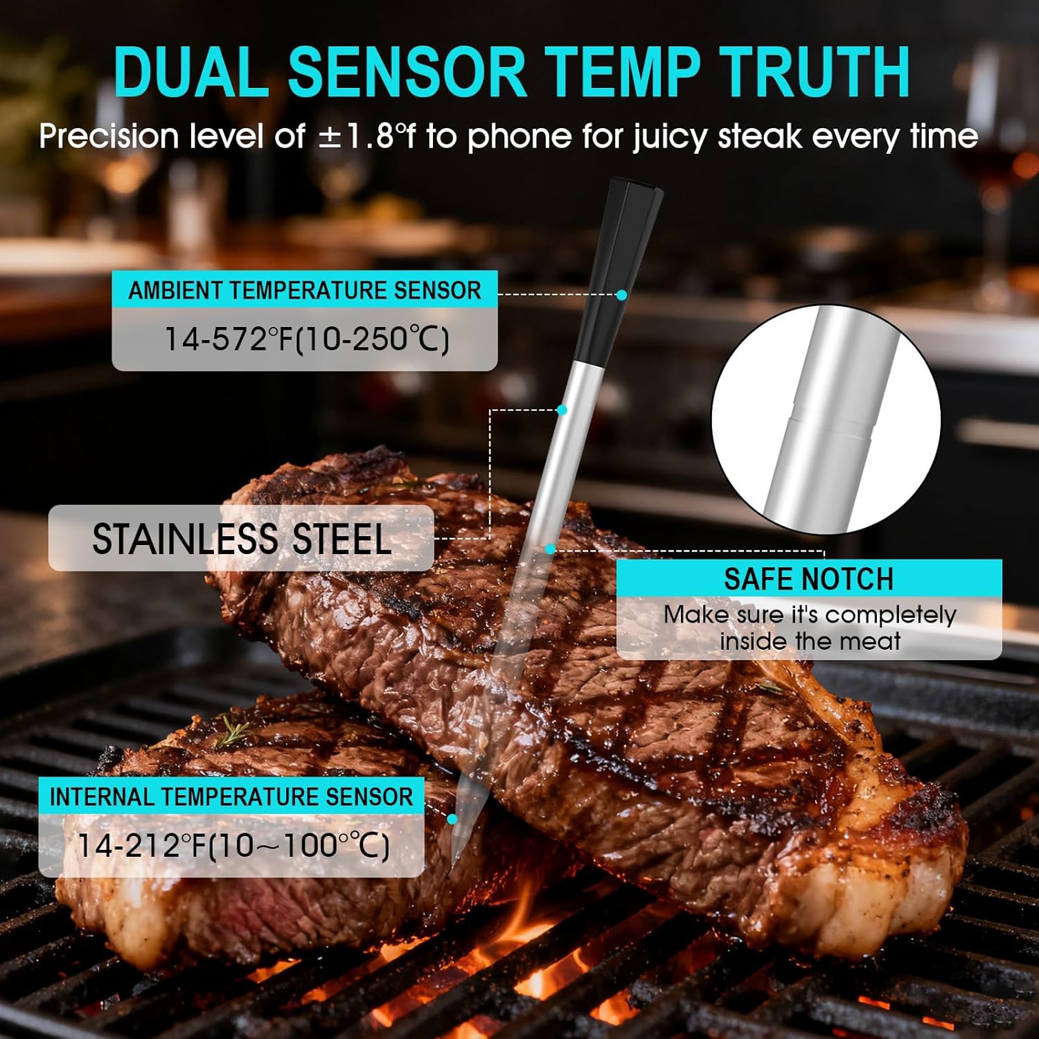 Wireless Meat Thermometer Bluetooth Digital, Smart Meat Thermometer with Booster Base, IP67 Waterproof Probe, ±1.8°F Accuracy, 100m Range, Rechargeable BBQ Cooking Thermometer for Grill, Smoker Black