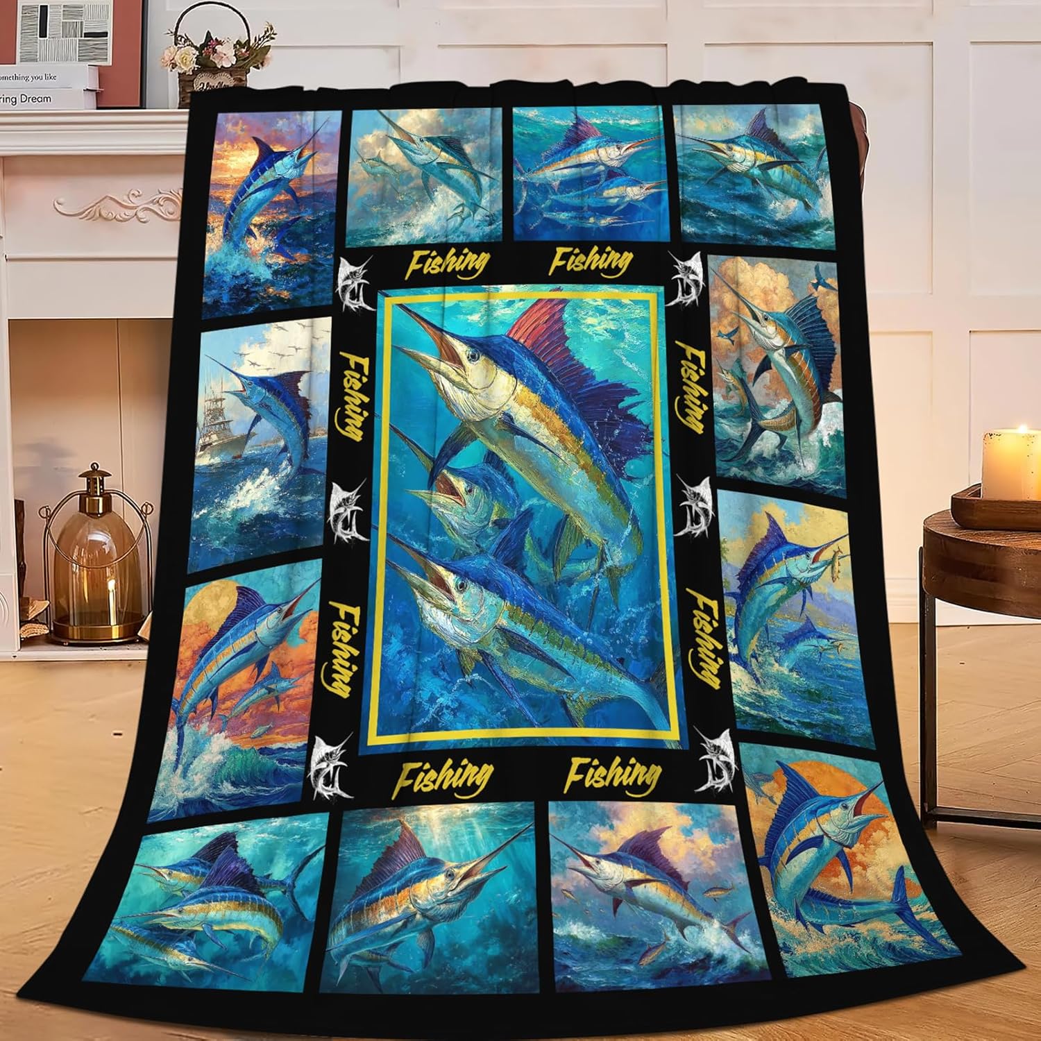 Fish Throw Blanket Fishing Marlin Stuff Gifts for Kids Girls Boys Adults Women Men Soft Cozy Warm Plush Fluffy Fuzzy Fleece Blanket Decor 40''X50''