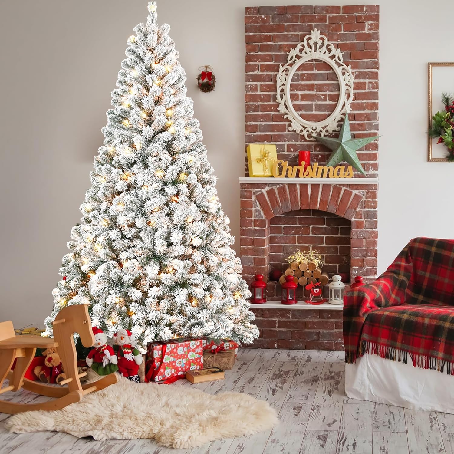 7FT Pre-Lit Flocked Christmas Tree with 350 Warm White Lights, Full White Christmas Tree with Premium PVC Branches, Realistic Snowy Look, Indoor Fake Snow Xmas Tree for Home Office Shops