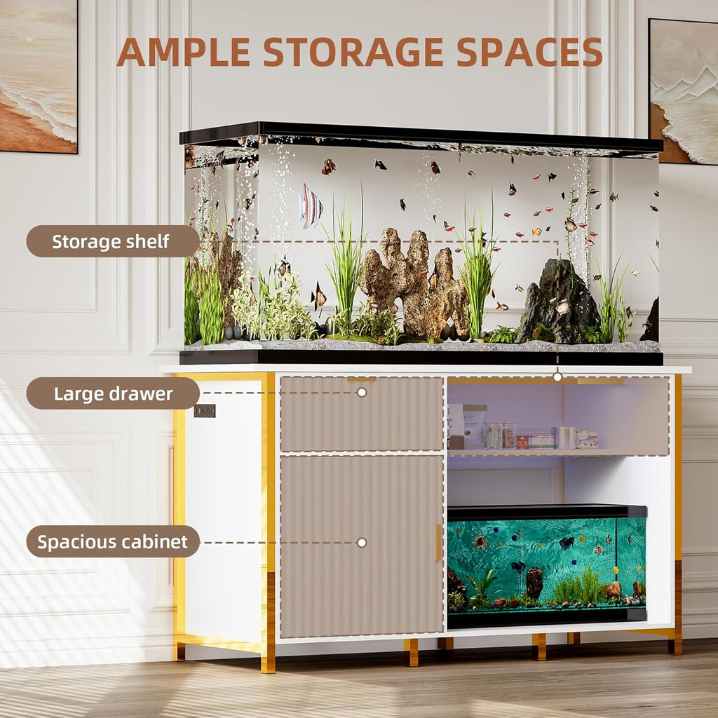 55-75 Gallon Fish Tank Stand with Power Outlets, LED Light, Vertical Lines, Heavy Duty Aquarium Stand with Cabinet for Fish Tank Accessories Storage, Turtle Tank, Reptile Terrarium, 1100LBS, White