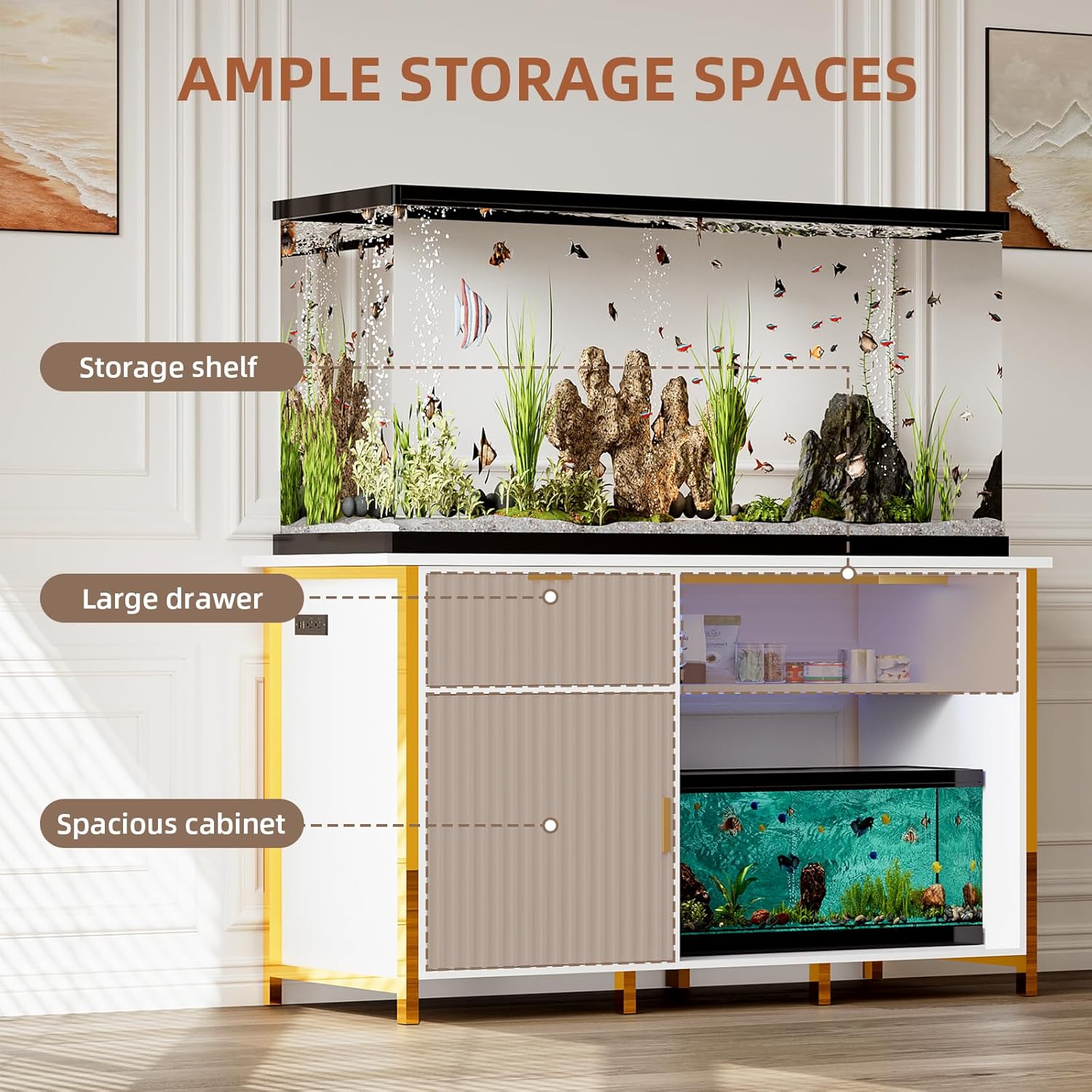 55-75 Gallon Fish Tank Stand with Power Outlets, LED Light, Vertical Lines, Heavy Duty Aquarium Stand with Cabinet for Fish Tank Accessories Storage, Turtle Tank, Reptile Terrarium, 1100LBS, White