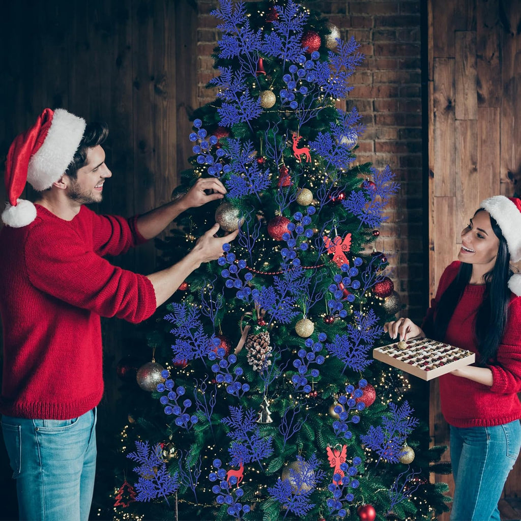 75 Pcs Christmas Glitter Branches 3 Styles Artificial Christmas Picks Berries Stems Pine Needles Floral Twig Spray for Xmas Tree Ornaments DIY Wreath Garland(Blue)