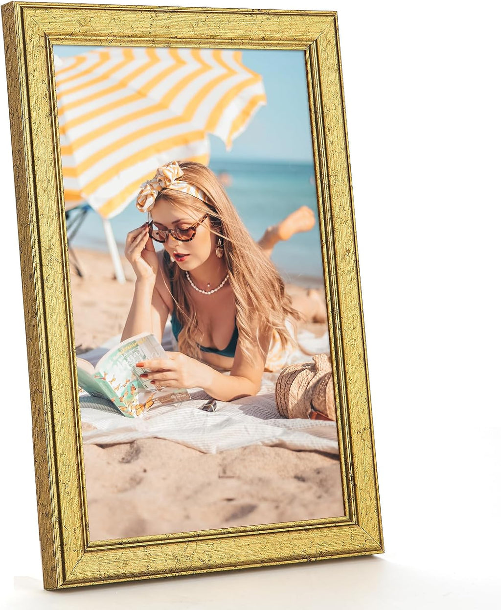 Wood 6x11 Frame Gold, Ornate Natural 11x6in Poster Picture Frame, Modern Golden 6 x 11inch Gallery Wall Photo Frame with HD Plexiglass, Horizontal Vertical Wall Mounting Display 1pcs