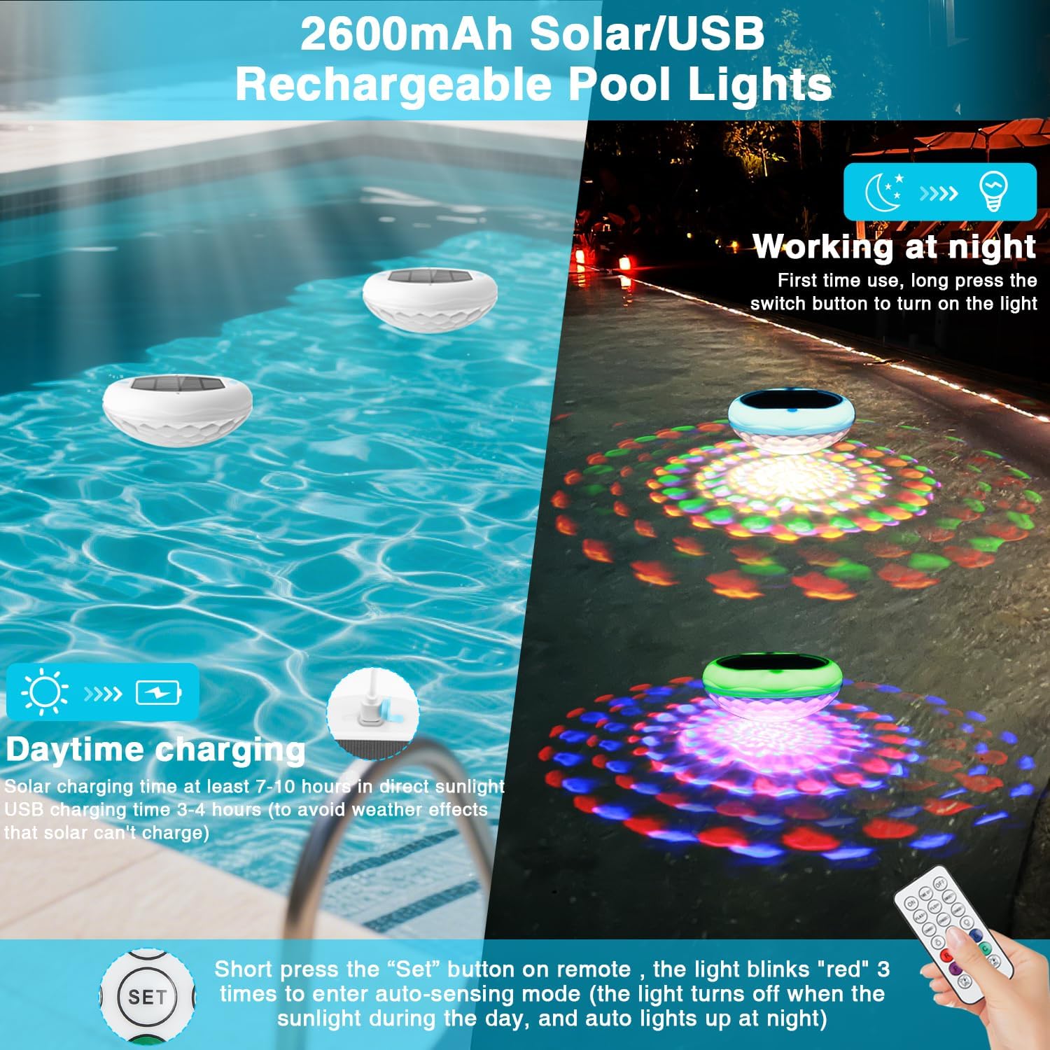 Solar Pool Lights, 2600mAh USB Rechargeable Floating Pool Lights, 6.7" IP68 Waterproof Solar Floating Light with Remote, RGB 13 Colors Upper and Lower Glow Hangable Light for Path, Hot Tubs 1 PCS