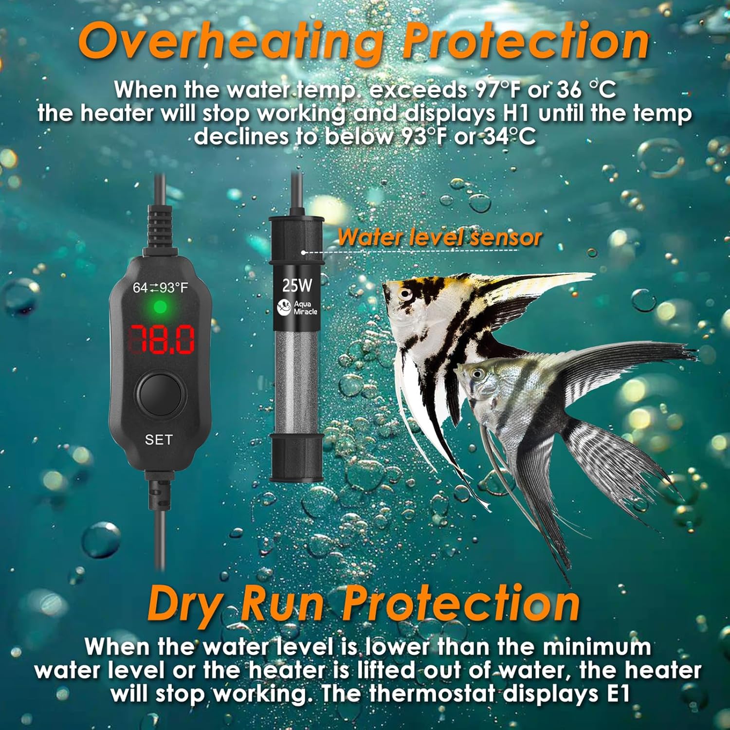 AquaMiralce 25W Aquarium Heater with Compact Size, Submersible Fish Tank Heater with LED Digital Display Thermostat, Adjustable Fish Heater Turtle Heater for 3-5 Gallon Tanks