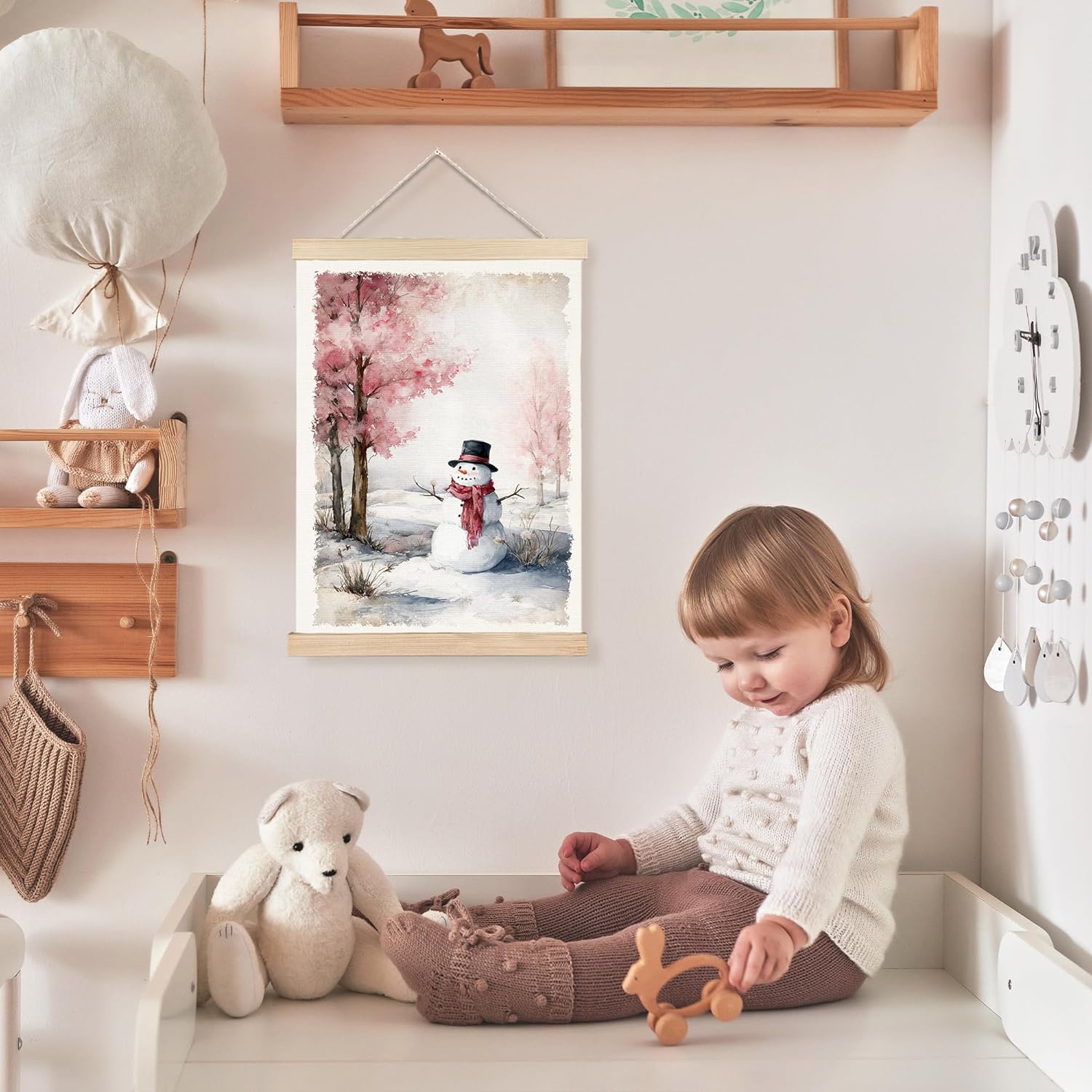 FDHSPAAM Christmas Cute Snowman Wall Art Decor, Rustic Christmas Decor, Holiday Pink Tree Snowy Forest Winter Scene Wall Art Posters for Home Bedroom Living Room, 12x16 Inch